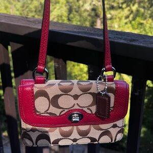 VINTAGE COACH Crossbody Purse Wallet w Turn Lock Khaki/Deep Red Silver Hardware